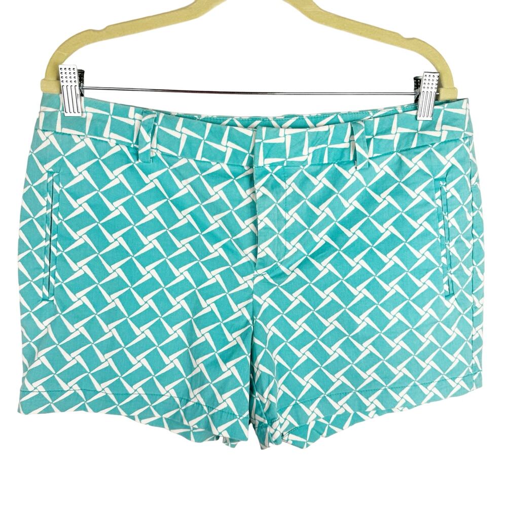 Nwt Jcp Teal & White‎ Geometric Chino Preppy Cotton Blend Stretch Shorts Sz 12